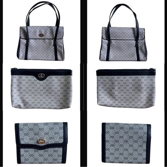 Gucci • 3pc Set Authentic Vintage Navy Blue Micro GG Handbag Purse Pouch Wallet - Picture 3 of 16